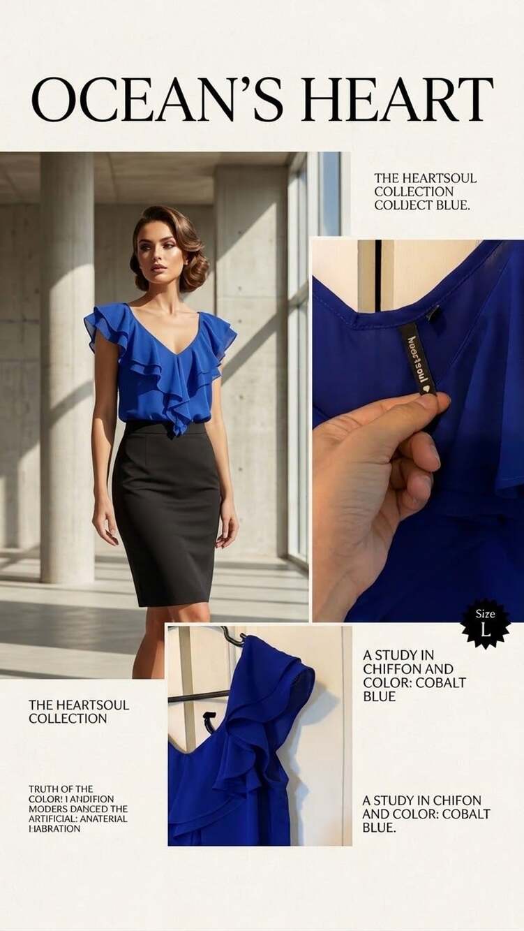 Heartsoul Royal Blue V-Neck Ruffle Sleeveless Blouse Top